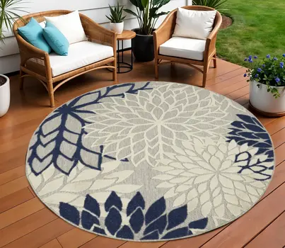 8' Ivory And Blue Round Indoor Outdoor Area Rug
