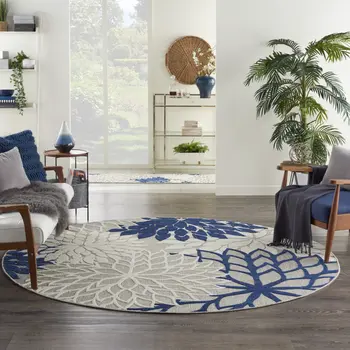 8' Ivory And Blue Round Indoor Outdoor Area Rug