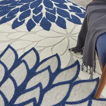 8' Ivory And Blue Round Indoor Outdoor Area Rug