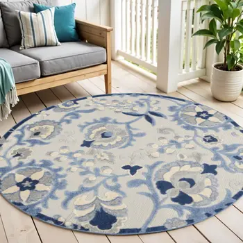 4' Blue And Gray Round Indoor Outdoor Area Rug