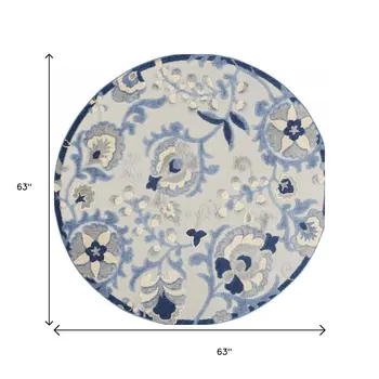 5' Blue And Gray Round Indoor Outdoor Area Rug