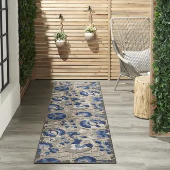 12' Blue And Gray Indoor Outdoor Runner Rug