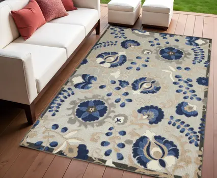 4' X 6' Blue And Gray Indoor Outdoor Area Rug