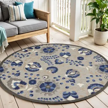 4' Blue And Gray Round Indoor Outdoor Area Rug