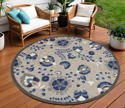 8' Blue And Gray Round Indoor Outdoor Area Rug