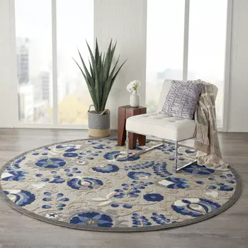 8' Blue And Gray Round Indoor Outdoor Area Rug