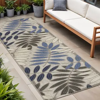 8' Blue And Gray Floral Indoor Outdoor Area Rug