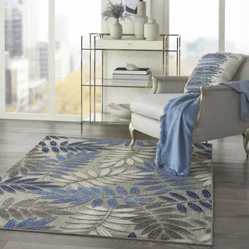4' X 6' Blue And Gray Floral Indoor Outdoor Area Rug