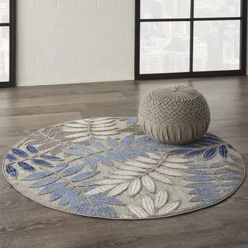 4' Blue And Gray Round Floral Indoor Outdoor Area Rug