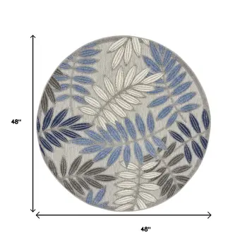 4' Blue And Gray Round Floral Indoor Outdoor Area Rug