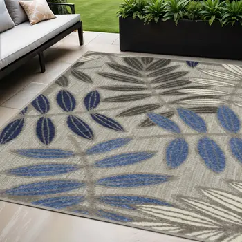 5' X 7' Blue And Gray Floral Indoor Outdoor Area Rug