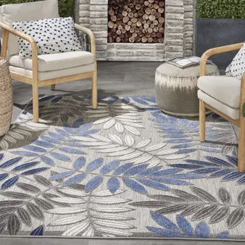 5' X 7' Blue And Gray Floral Indoor Outdoor Area Rug
