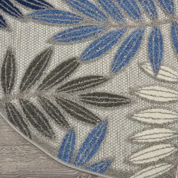 5' Blue And Gray Round Floral Indoor Outdoor Area Rug