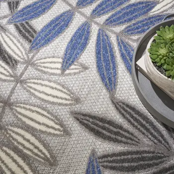 5' Blue And Gray Round Floral Indoor Outdoor Area Rug