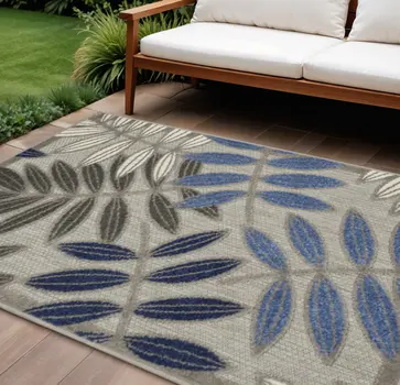 6' X 9' Blue And Gray Floral Indoor Outdoor Area Rug