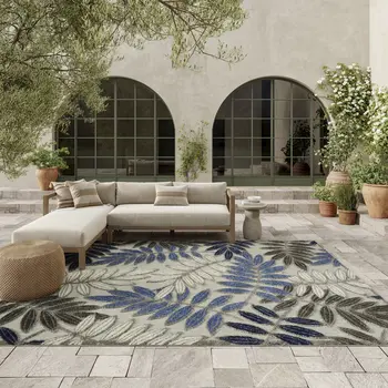 7' X 10' Blue And Gray Round Floral Indoor Outdoor Area Rug