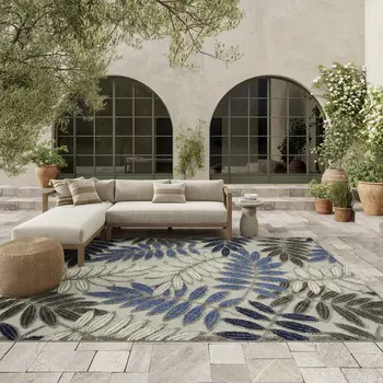 8' X 11' Blue And Gray Floral Indoor Outdoor Area Rug