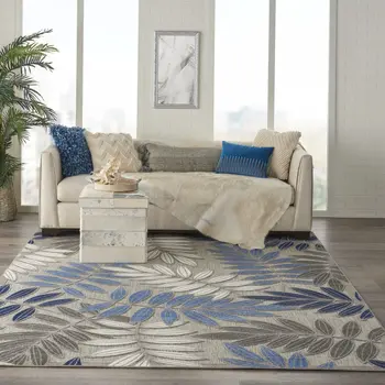 8' X 11' Blue And Gray Floral Indoor Outdoor Area Rug