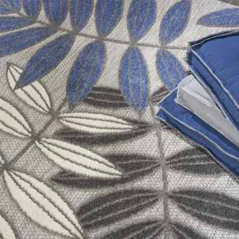 8' Blue And Gray Round Floral Indoor Outdoor Area Rug