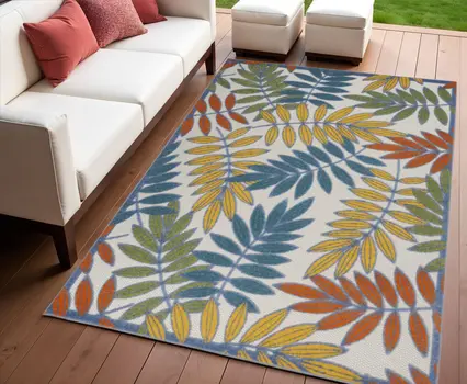 4' X 6' Green And Ivory Floral Indoor Outdoor Area Rug