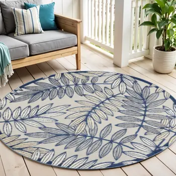 4' Ivory And Blue Round Floral Indoor Outdoor Area Rug