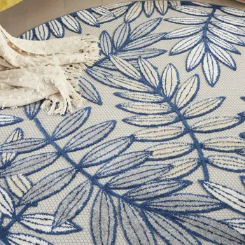 5' Ivory And Blue Round Floral Indoor Outdoor Area Rug
