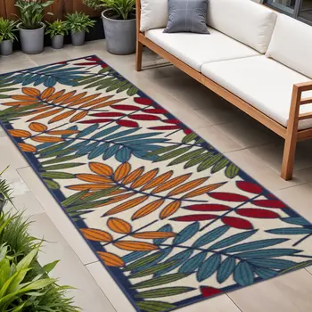12' Ivory And Blue Floral Indoor Outdoor Runner Rug