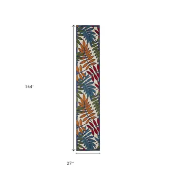 12' Ivory And Blue Floral Indoor Outdoor Runner Rug