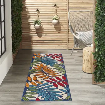 8' Ivory And Blue Floral Indoor Outdoor Area Rug