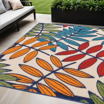 5' X 8' Ivory And Blue Floral Indoor Outdoor Area Rug