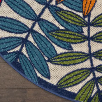 5' Ivory And Blue Round Floral Indoor Outdoor Area Rug