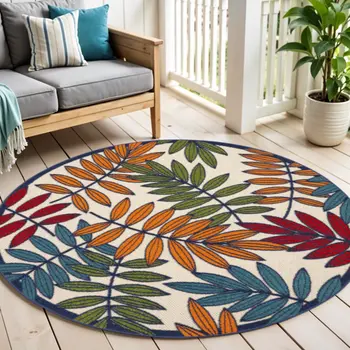 5' Ivory And Blue Round Floral Indoor Outdoor Area Rug