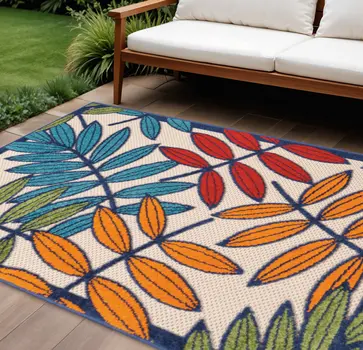 6' X 9' Ivory And Blue Floral Indoor Outdoor Area Rug