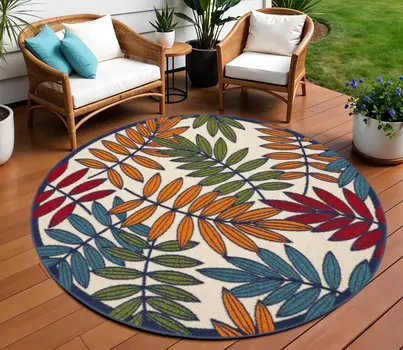 8' Ivory And Blue Round Floral Indoor Outdoor Area Rug