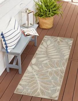 6' Gray And Ivory Floral Indoor Outdoor Runner Rug