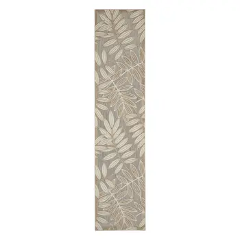 10' Beige Gray And Ivory Botanical Leaves Indoor Outdoor Runner Rug