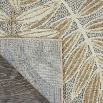 10' Beige Gray And Ivory Botanical Leaves Indoor Outdoor Runner Rug