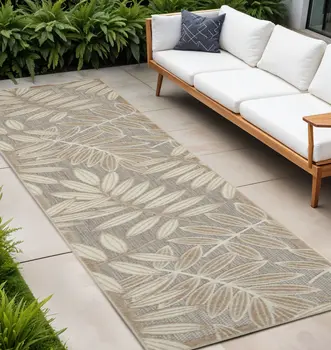 10' Beige Gray And Ivory Botanical Leaves Indoor Outdoor Runner Rug