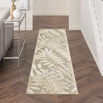 10' Beige Gray And Ivory Botanical Leaves Indoor Outdoor Runner Rug
