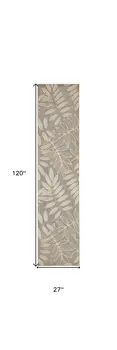 10' Beige Gray And Ivory Botanical Leaves Indoor Outdoor Runner Rug