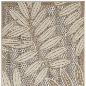 10' Beige Gray And Ivory Botanical Leaves Indoor Outdoor Runner Rug