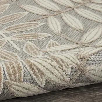 12' Gray And Ivory Floral Indoor Outdoor Runner Rug