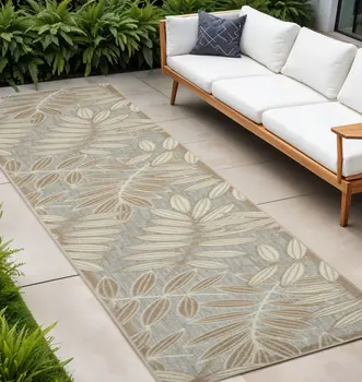 12' Gray And Ivory Floral Indoor Outdoor Runner Rug