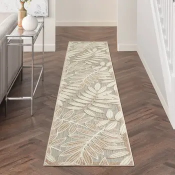 12' Gray And Ivory Floral Indoor Outdoor Runner Rug
