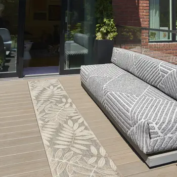 12' Gray And Ivory Floral Indoor Outdoor Runner Rug