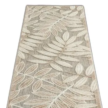 8' Beige Gray And Ivory Botanical Leaves Indoor Outdoor Runner Rug