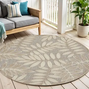 4' Gray And Ivory Round Floral Indoor Outdoor Area Rug
