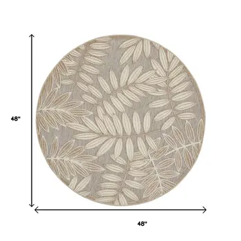 4' Gray And Ivory Round Floral Indoor Outdoor Area Rug