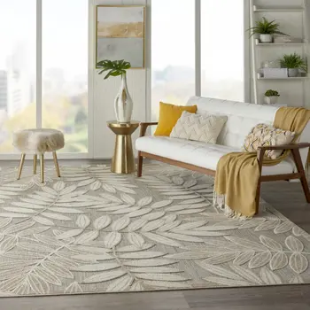 7' X 10' Gray And Ivory Floral Indoor Outdoor Area Rug