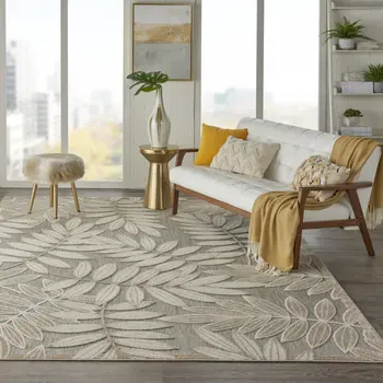 7' X 10' Gray And Ivory Floral Indoor Outdoor Area Rug